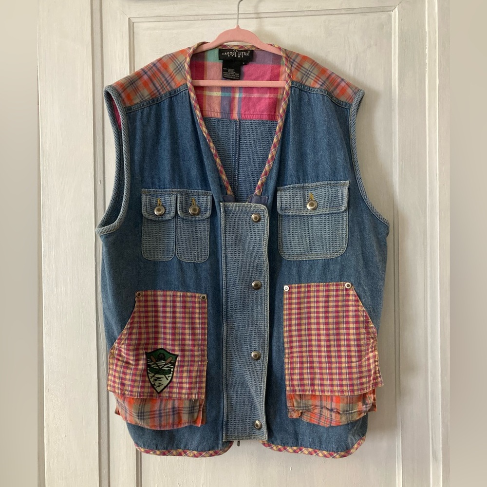 Carole Little Sport Denim Plaid Camp vintage Vest